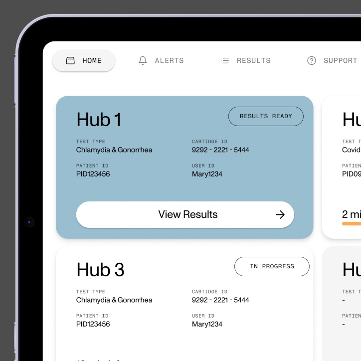 Tablet app interface showing test hub results
