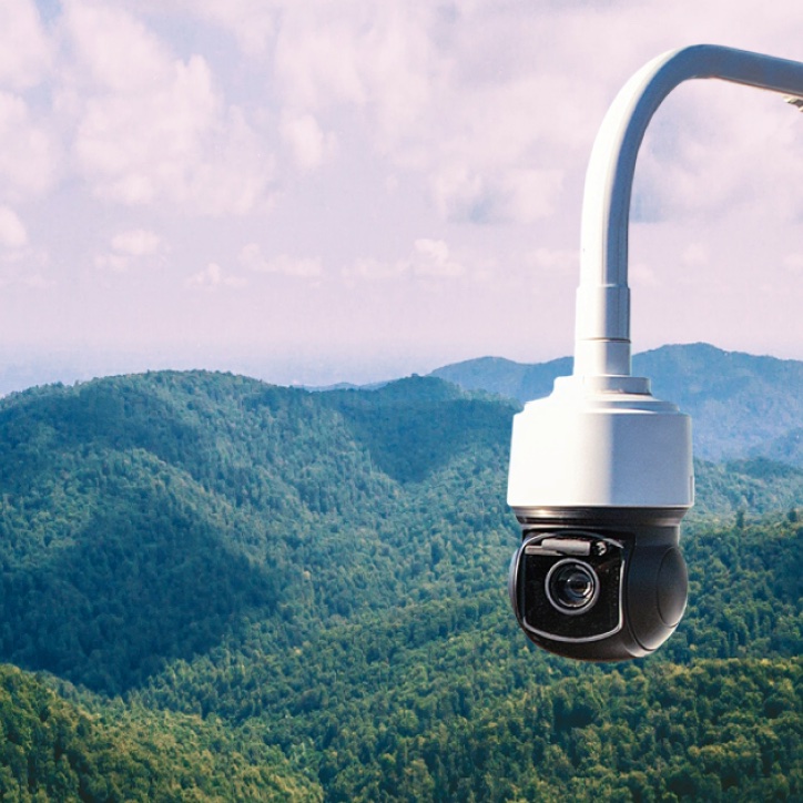 Outdoor security camera mounted on a pole